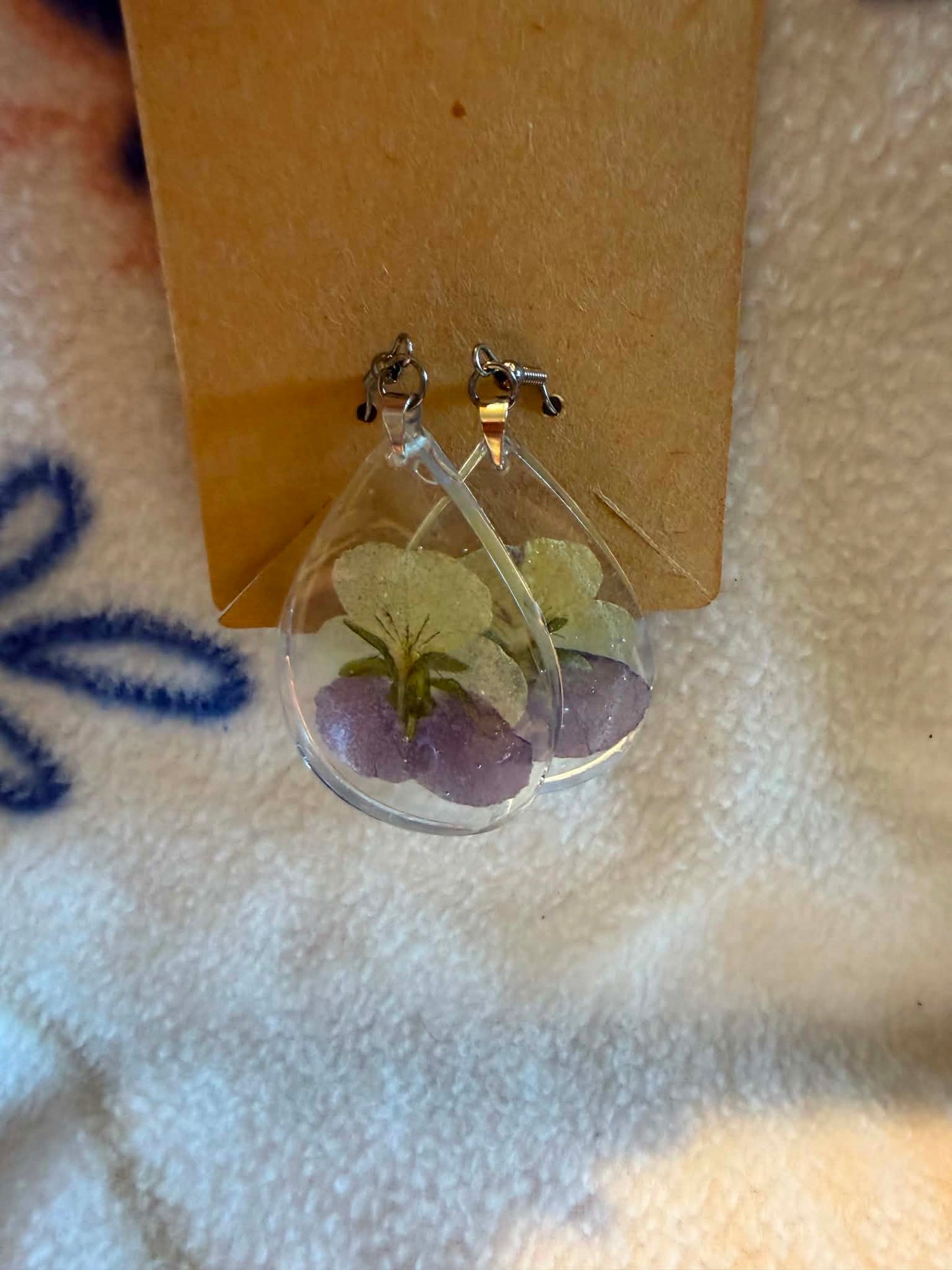 Pressed Viola Flower Teardrop Resin Dangle Earrings