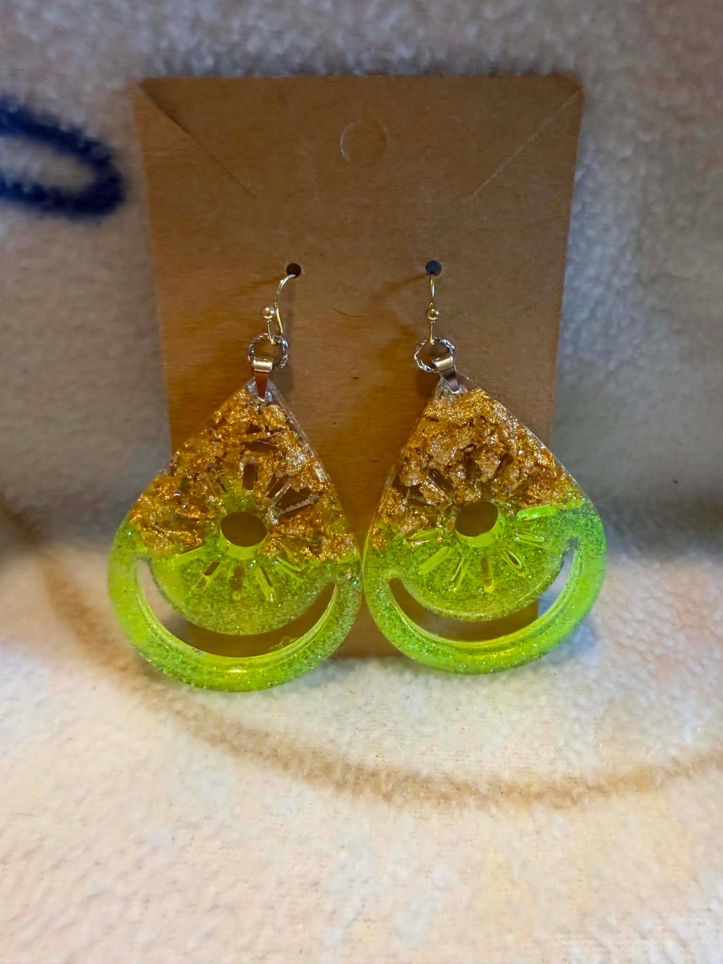 Neon Yellow & Gold Foil Citrus Wheel Teardrop Earrings