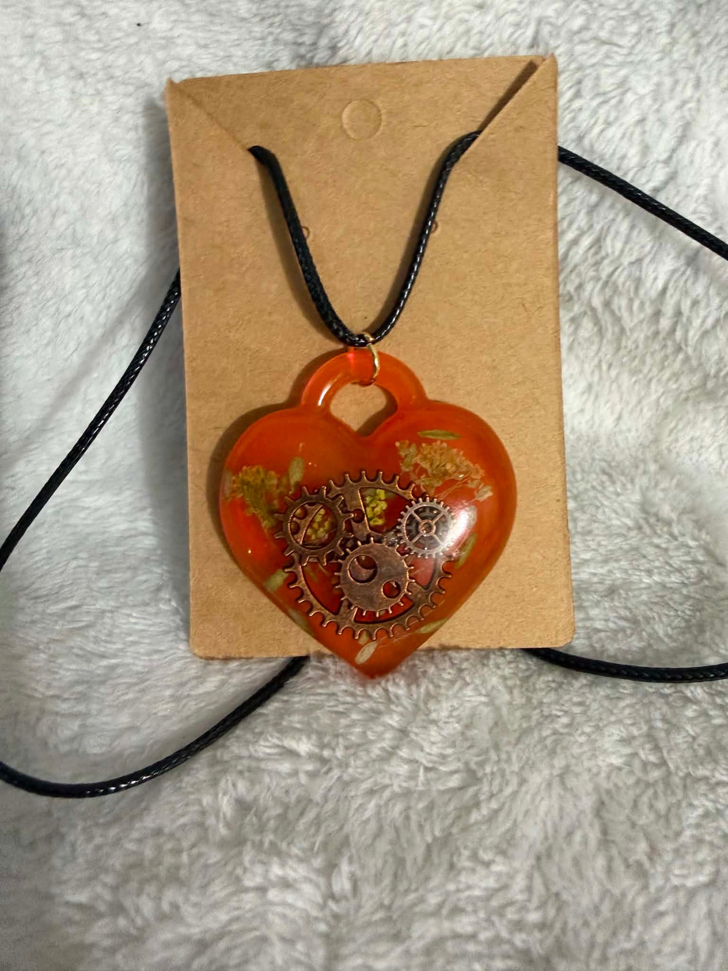 Steampunk Orange Heart Resin Pendant Necklace