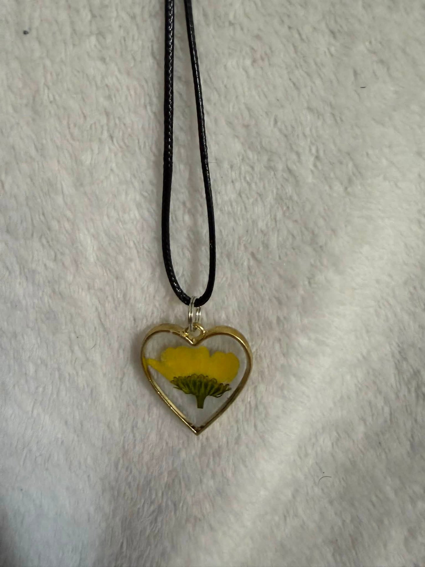 Pressed Yellow Buttercup Heart Pendant Necklace