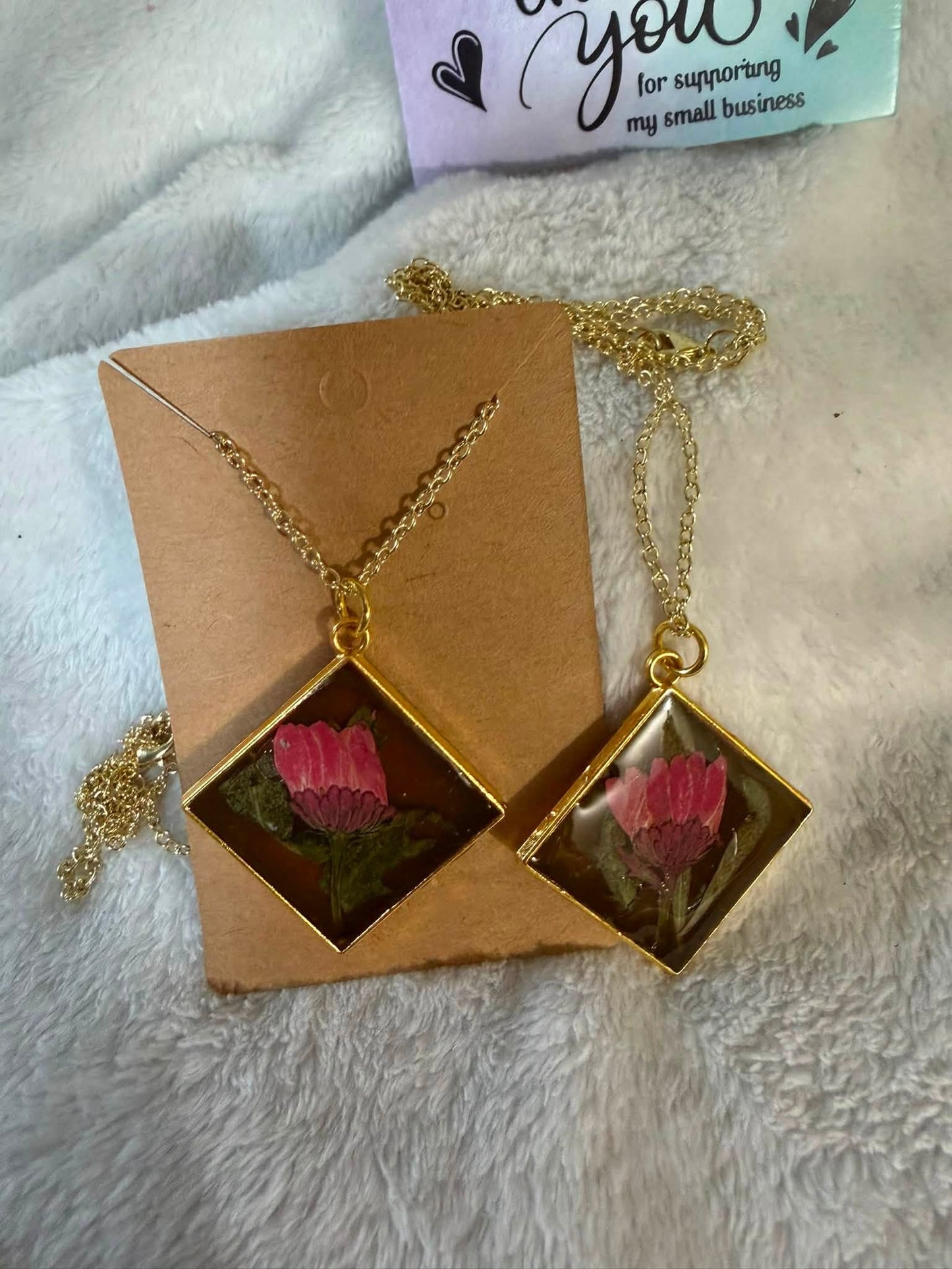Dried Pink Globe Amaranth Diamond Resin Necklace