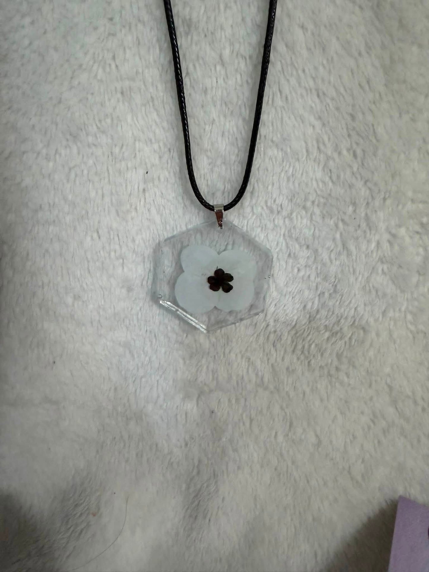 Pressed White Remembrance Poppy Hexagon Pendant Necklace