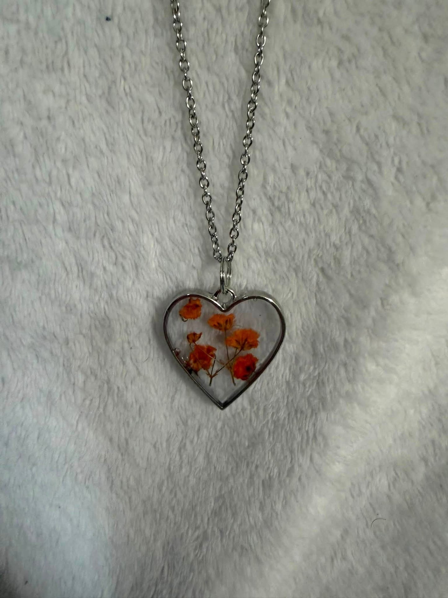 Pressed Orange Gypsophila Silver Heart Necklace