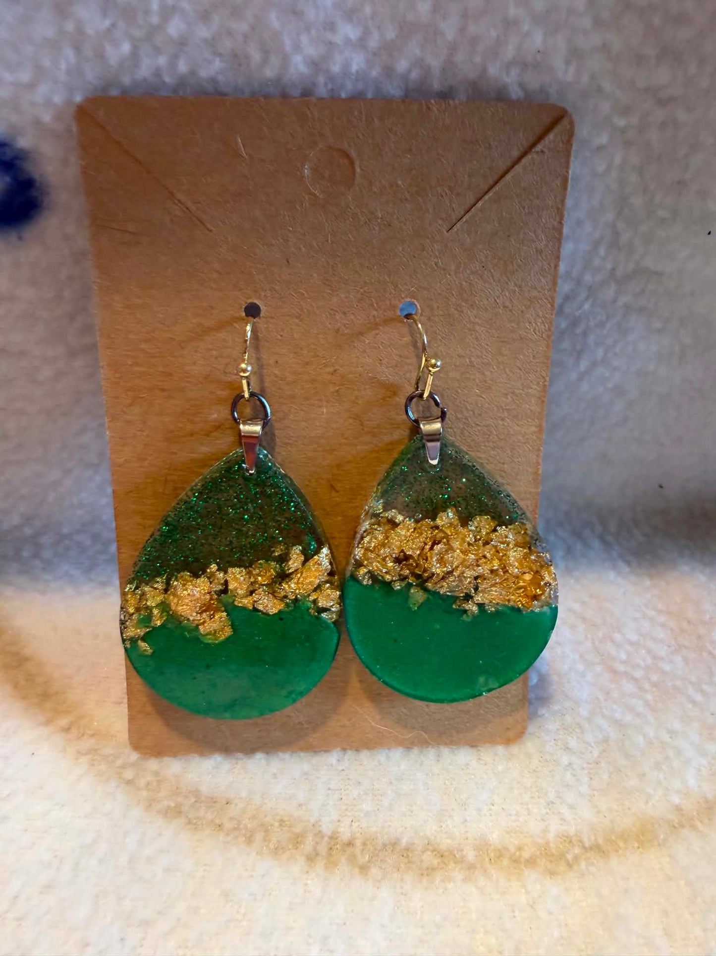 Green & Gold Foil Teardrop Resin Dangle Earrings