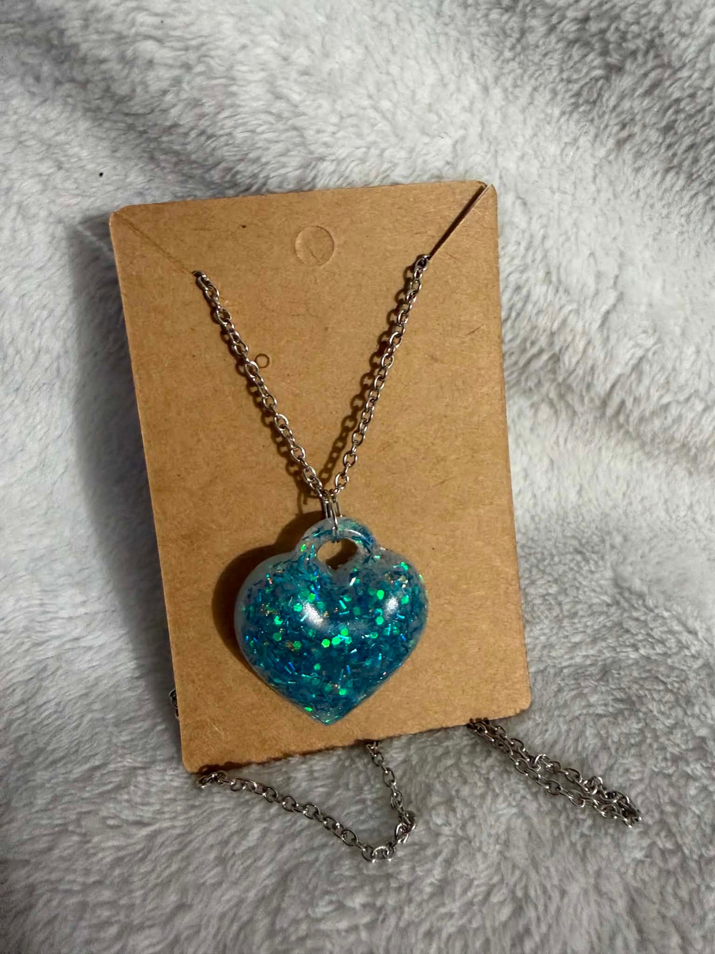 Blue & Green Glitter 3D Puffy Heart Resin Pendant Necklace