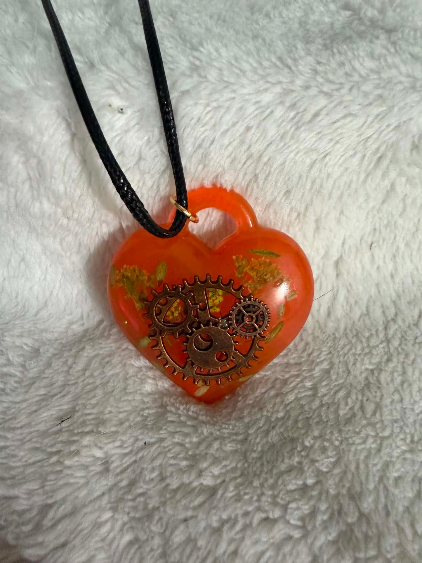 Steampunk Orange Heart Resin Pendant Necklace