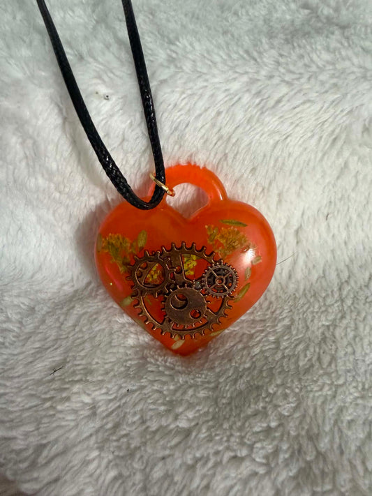 Steampunk Orange Heart Resin Pendant Necklace