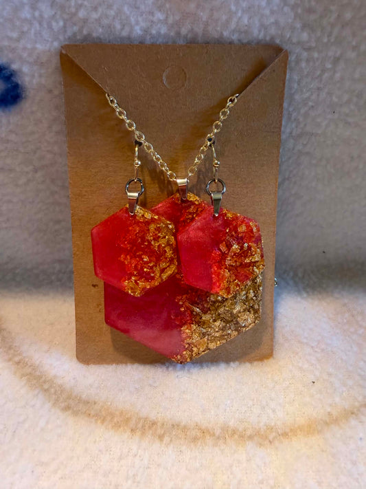 Red & Gold Foil Hexagonal Resin Jewelry Set