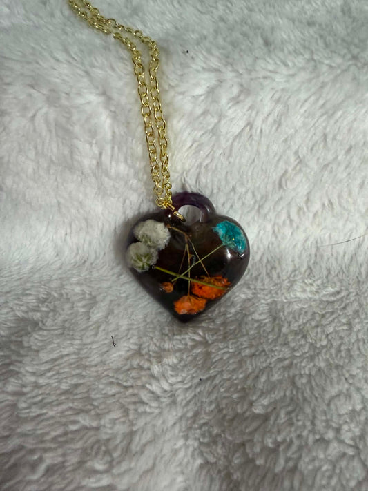 Dark Floral Heart Resin Pendant Necklace