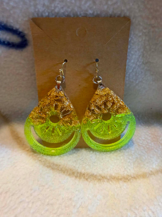 Neon Yellow & Gold Foil Citrus Wheel Teardrop Earrings