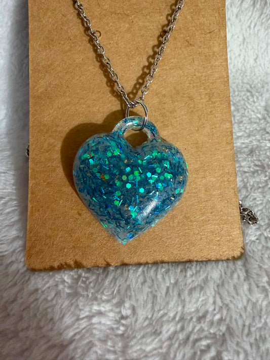 Blue & Green Glitter 3D Puffy Heart Resin Pendant Necklace