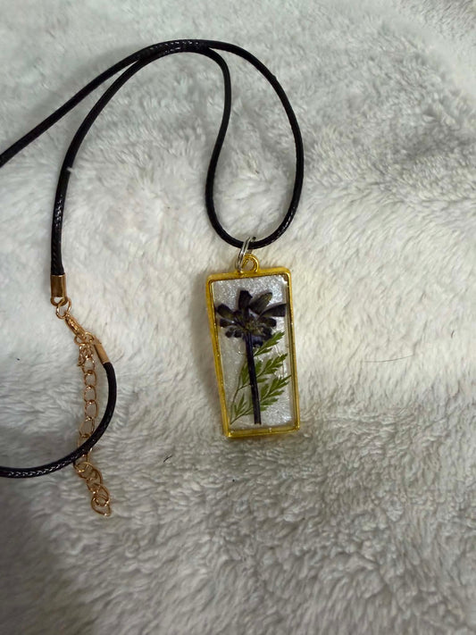 Black Wildflower & Fern Resin Rectangle Pendant Necklace