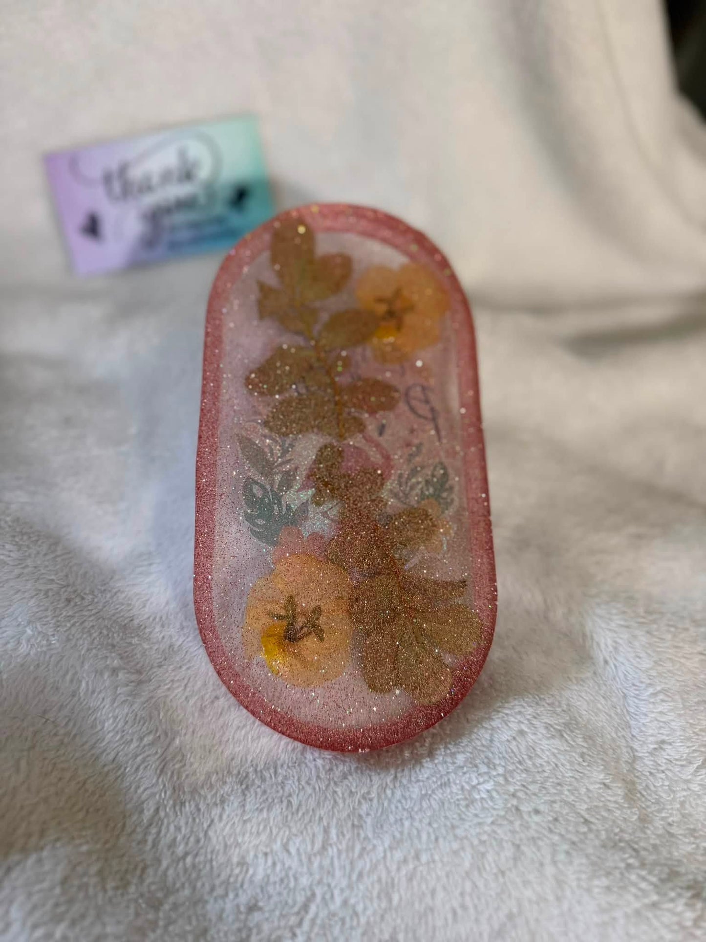 Small Oval Flamingo & Pressed Pansy Trinket Tray