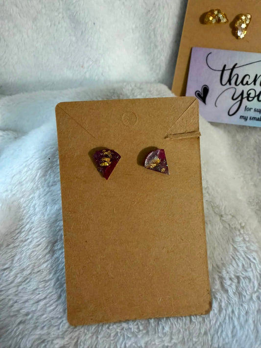 Burgundy & Gold Fan Stud Earrings
