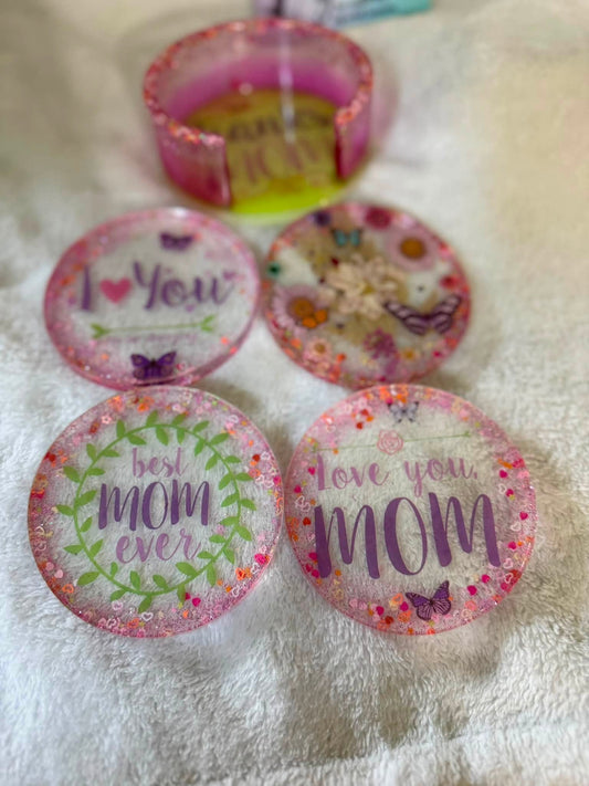 Love You Mom Floral Resin Coaster Set with Holder