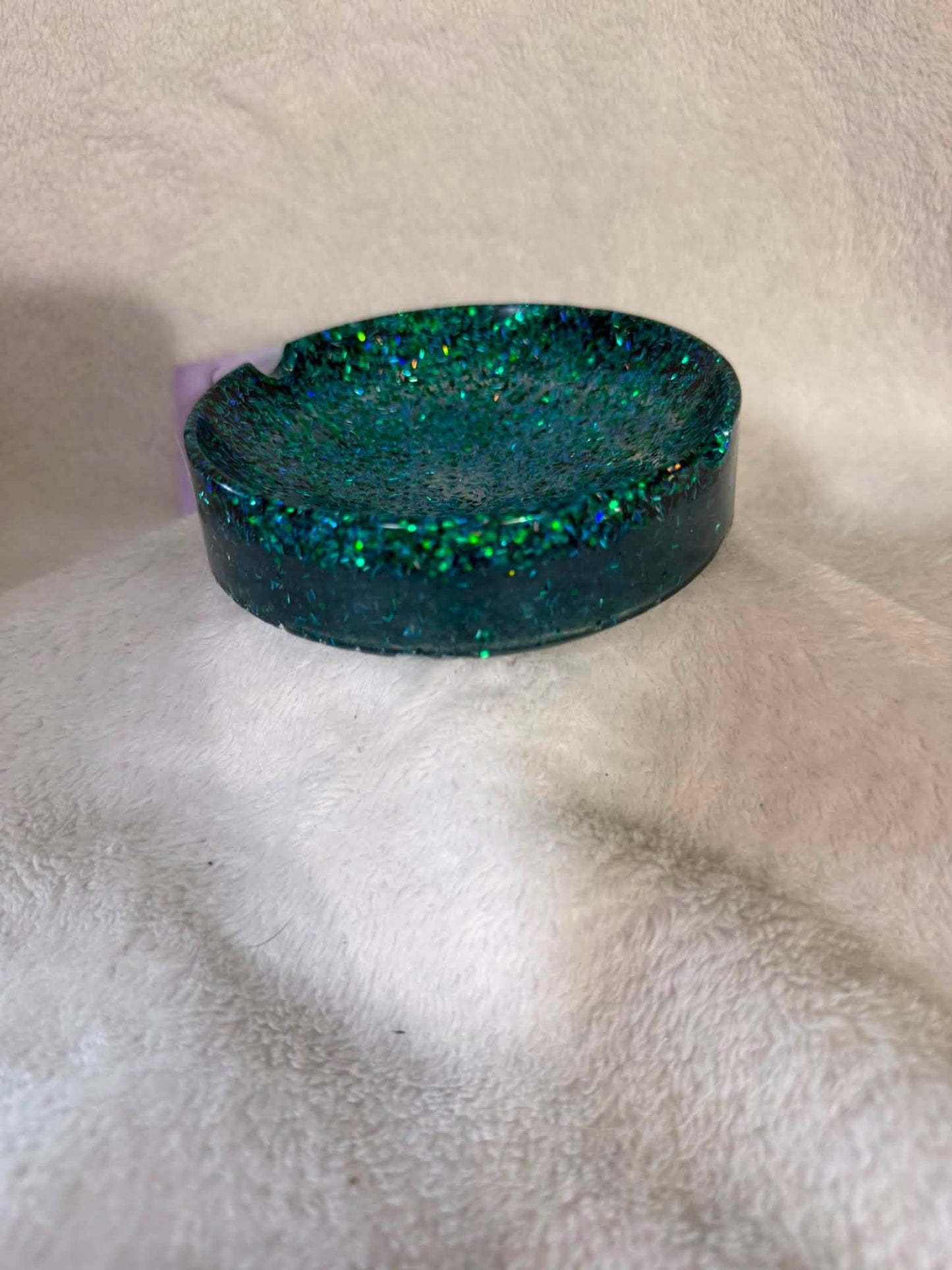 Green & Teal Chunky Glitter Round Ashtray