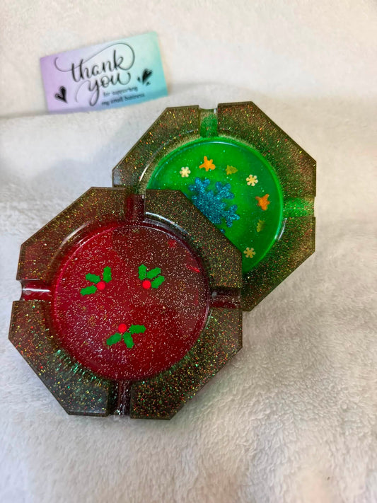 Red Glitter Mistletoe Octagonal Ashtray