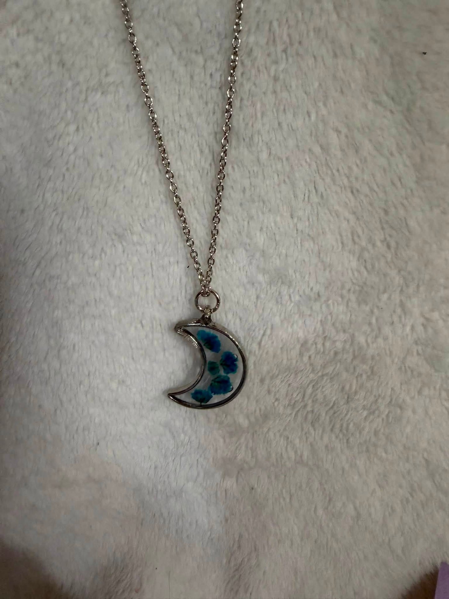 Pressed Forget-Me-Not Crescent Moon Pendant Necklace