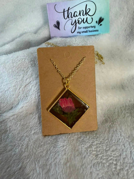 Dried Pink Globe Amaranth Diamond Resin Necklace