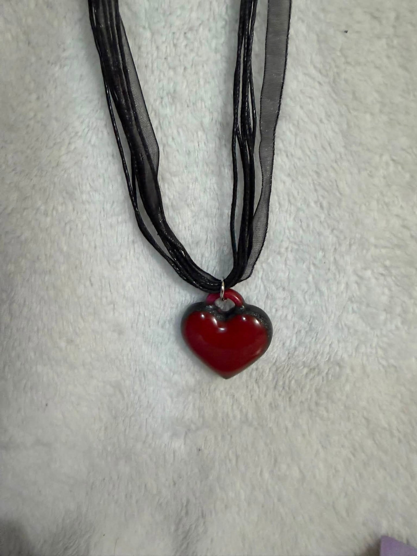 Whimsigoth Puffy Heart Resin Ribbon Necklace