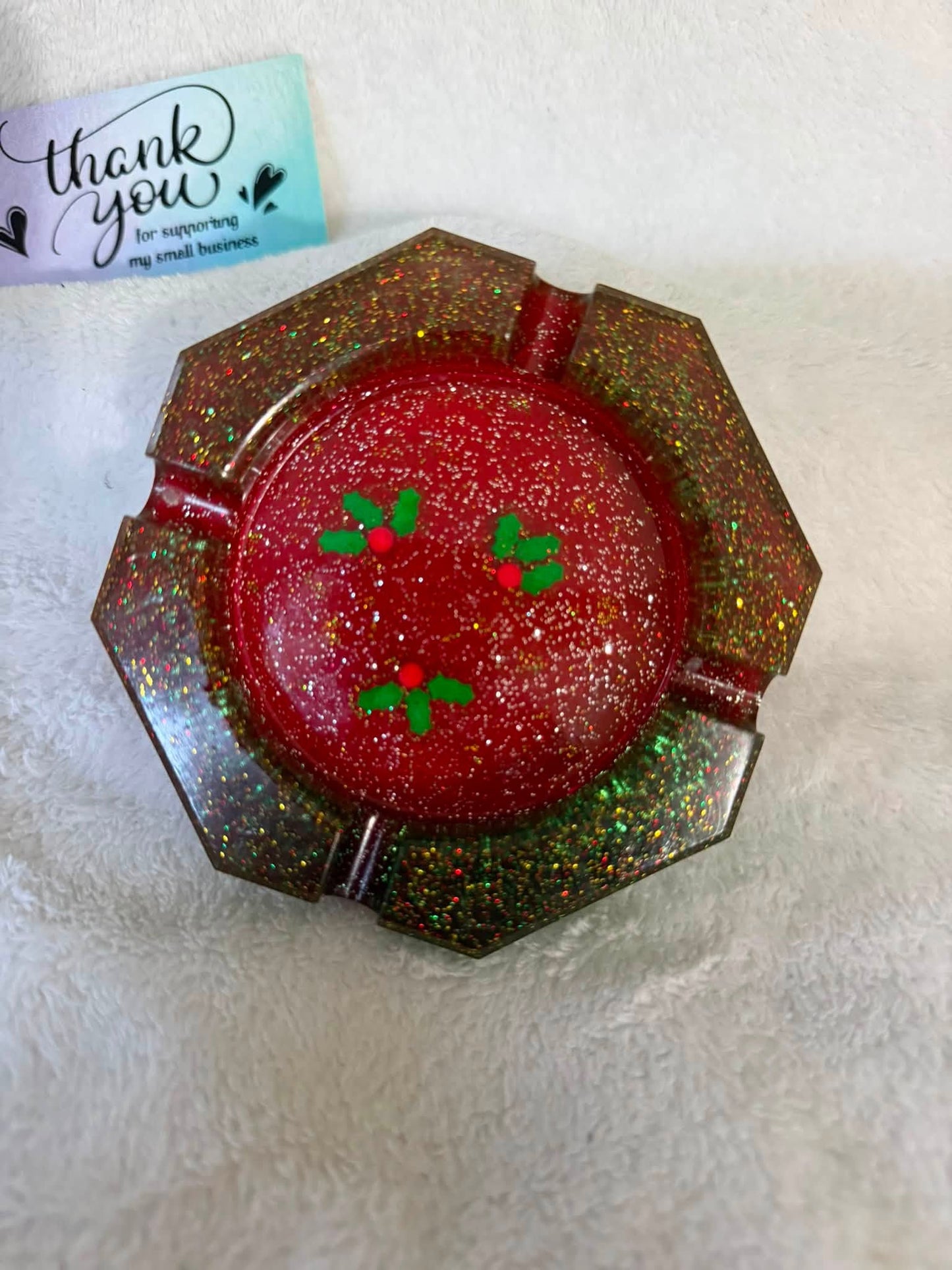 Red Glitter Mistletoe Octagonal Ashtray