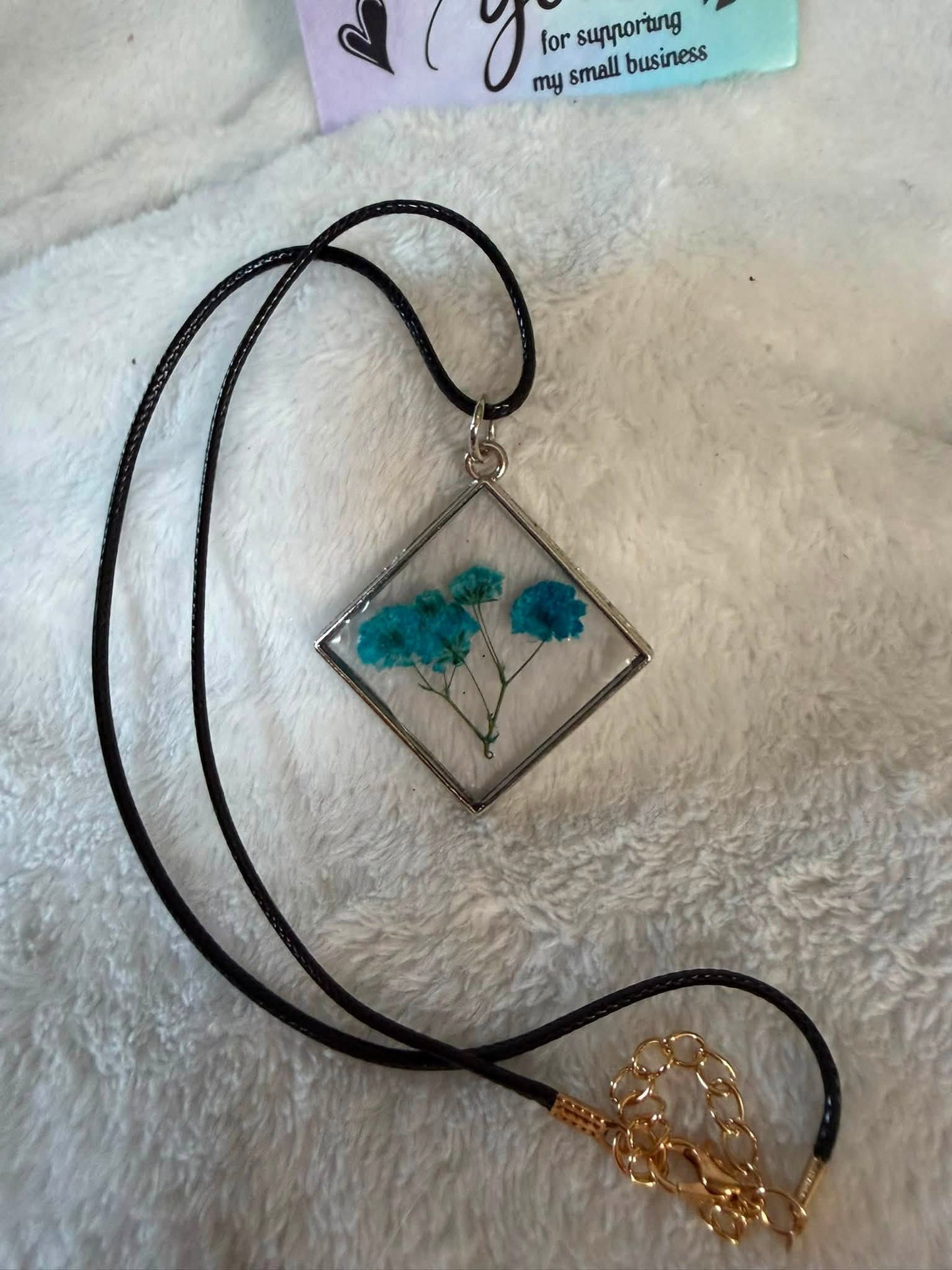 Dried Blue Gypsophila Square Resin Necklace