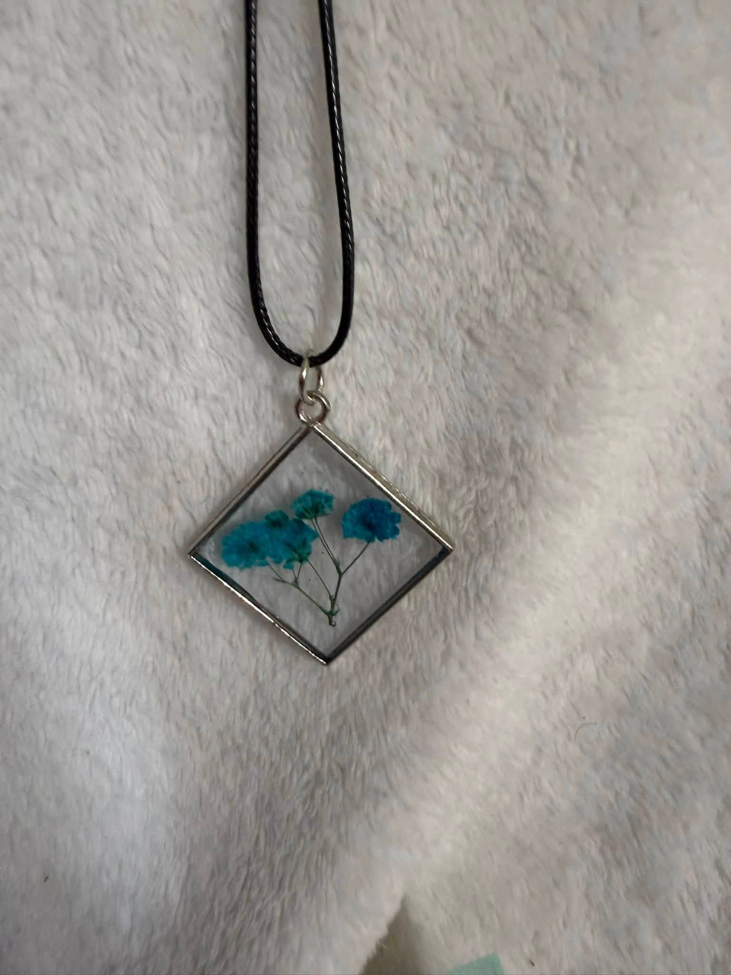 Dried Blue Gypsophila Square Resin Necklace