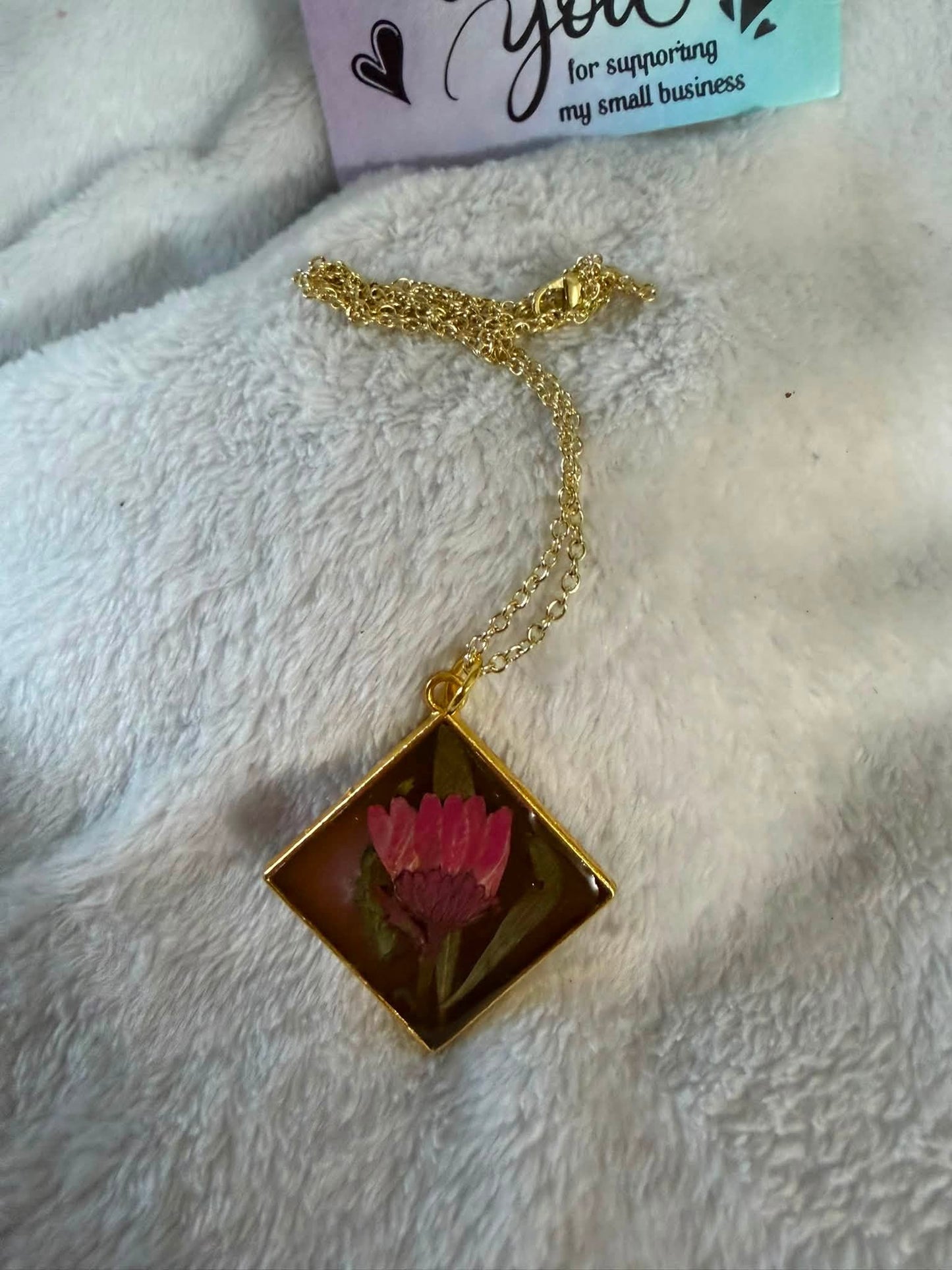 Dried Pink Globe Amaranth Diamond Resin Necklace