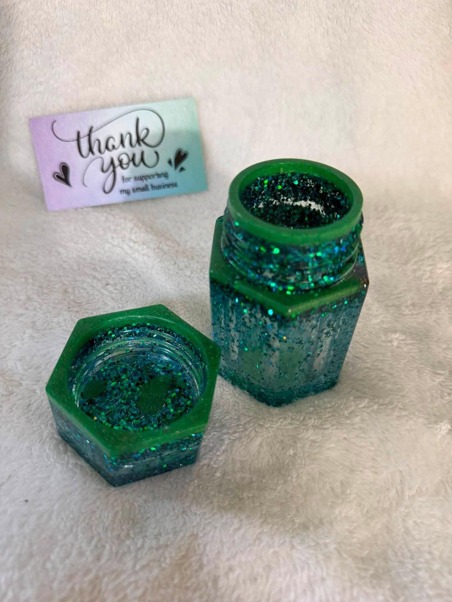 Teal, Blue & Green Glitter Hexagonal Stash Jar