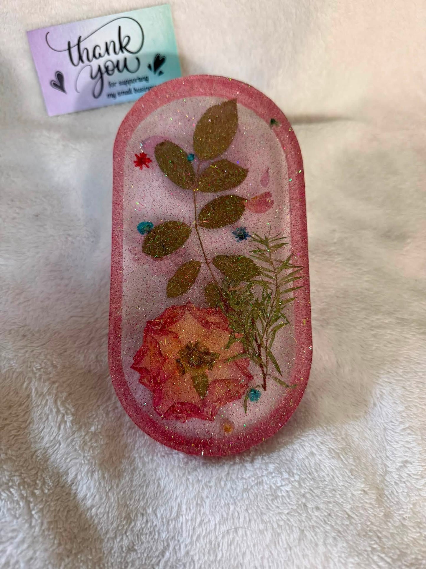 Small Oval Pink & White Butterfly & Dried Floral Trinket Tray