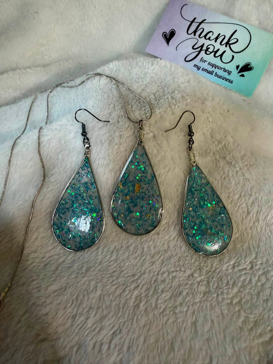 Blue-Green Confetti Glitter Teardrop Earring & Necklace Set