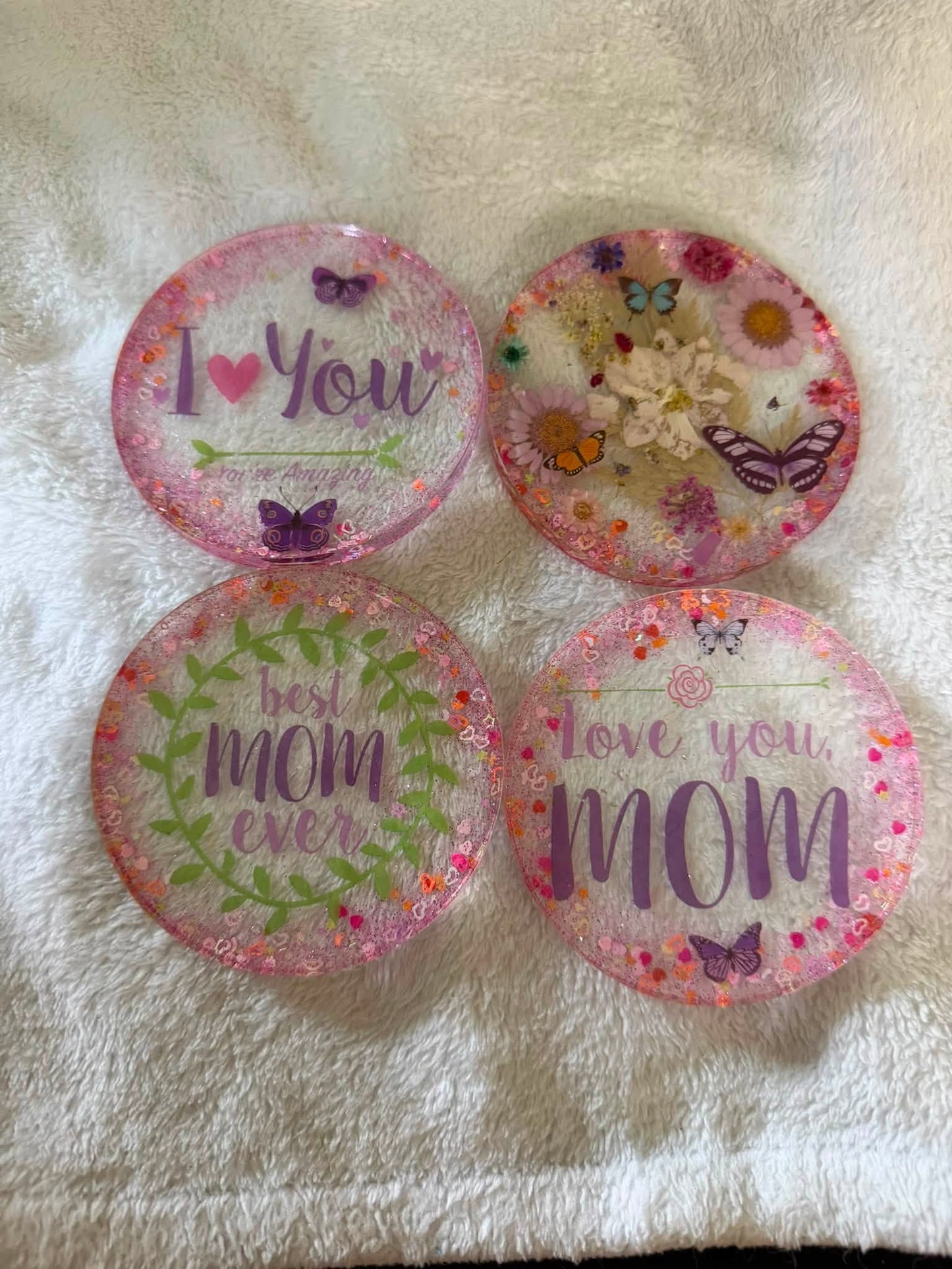 Love You Mom Floral Resin Coaster Set with Holder