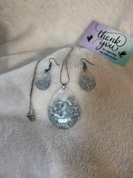 Silver Foil Oval Earring & Necklace Set