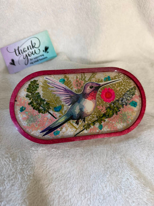 Small Oval Hummingbird, Gerbera Daisy & Macho Fern Trinket Tray