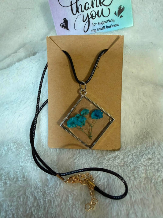 Dried Blue Gypsophila Square Resin Necklace