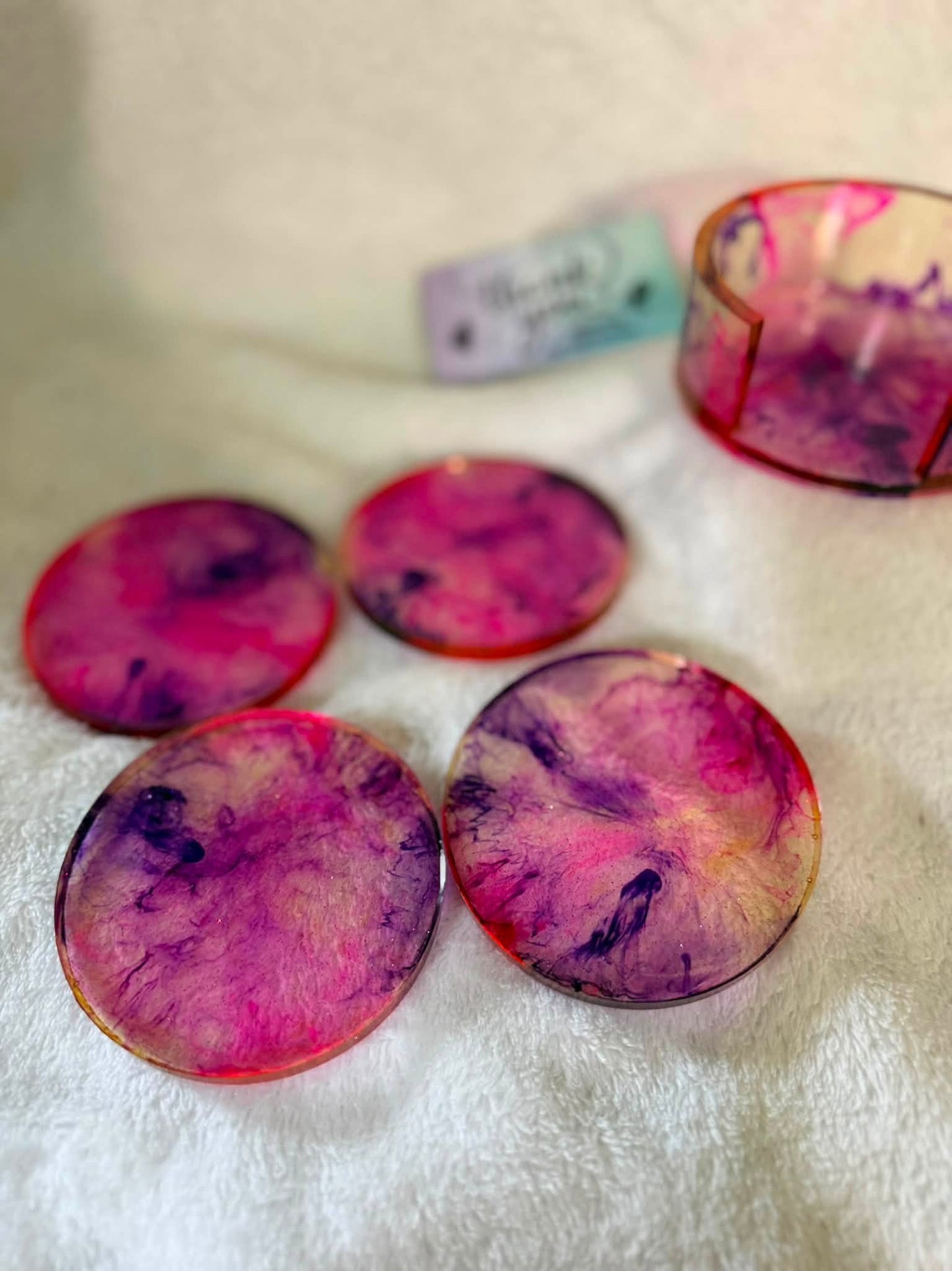 Pink & Purple Tie Dye 5 Piece Coaster Set with Holder