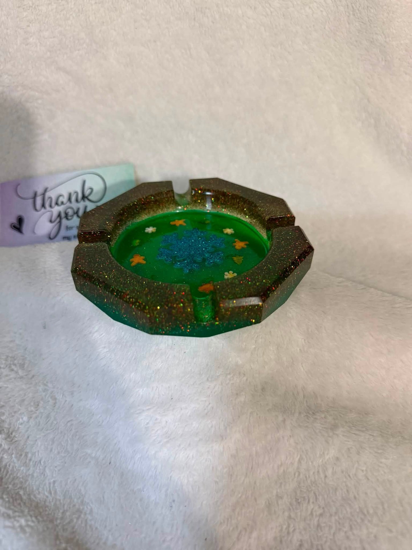 Festive Green & Blue Snowflake Octagonal Ashtray