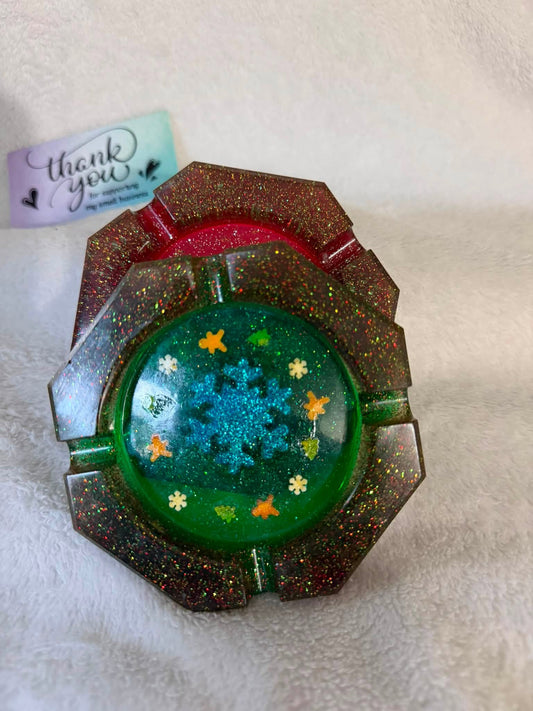 Festive Green & Blue Snowflake Octagonal Ashtray