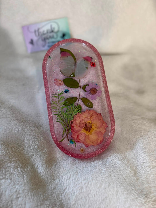 Small Oval Pink & White Butterfly & Dried Floral Trinket Tray