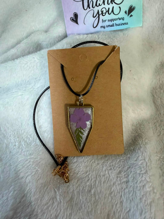 Pressed Periwinkle & Leaf Shield Pendant Necklace
