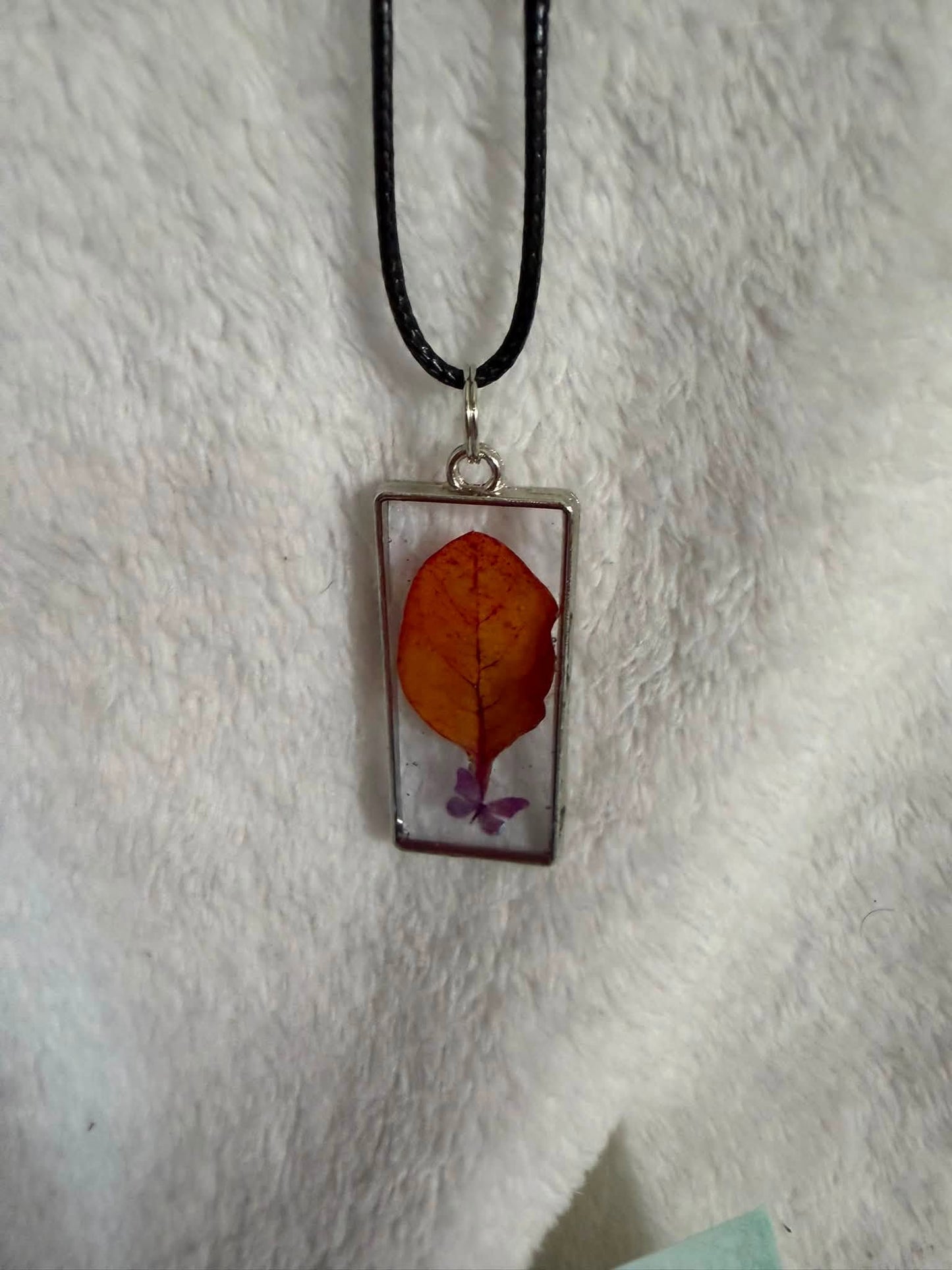 Dried Cotinus & Purple Butterfly Rectangular Necklace