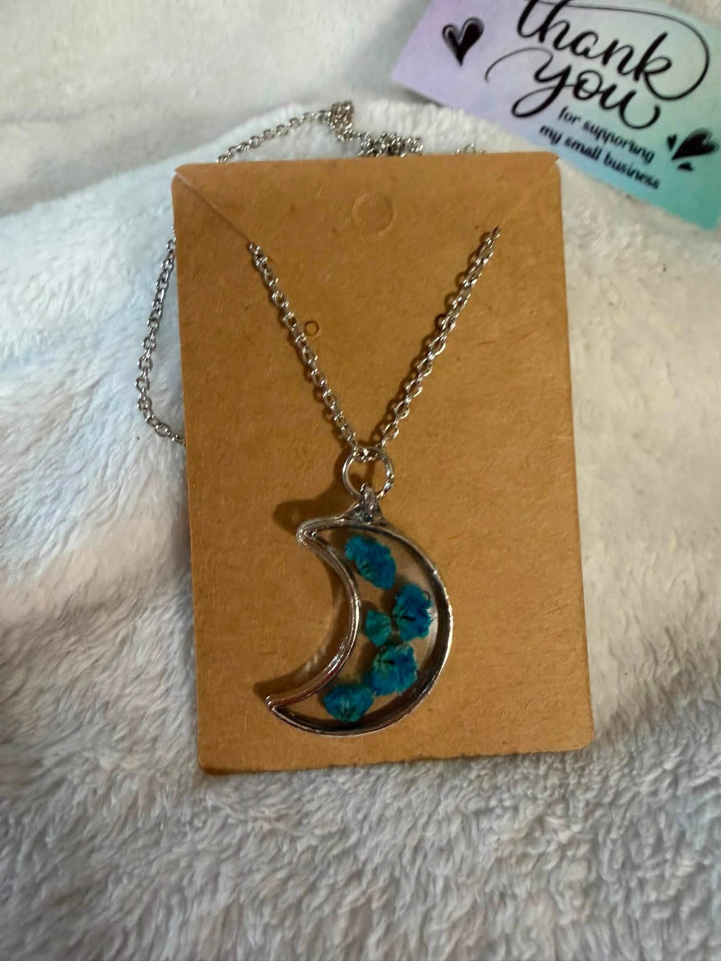 Pressed Forget-Me-Not Crescent Moon Pendant Necklace