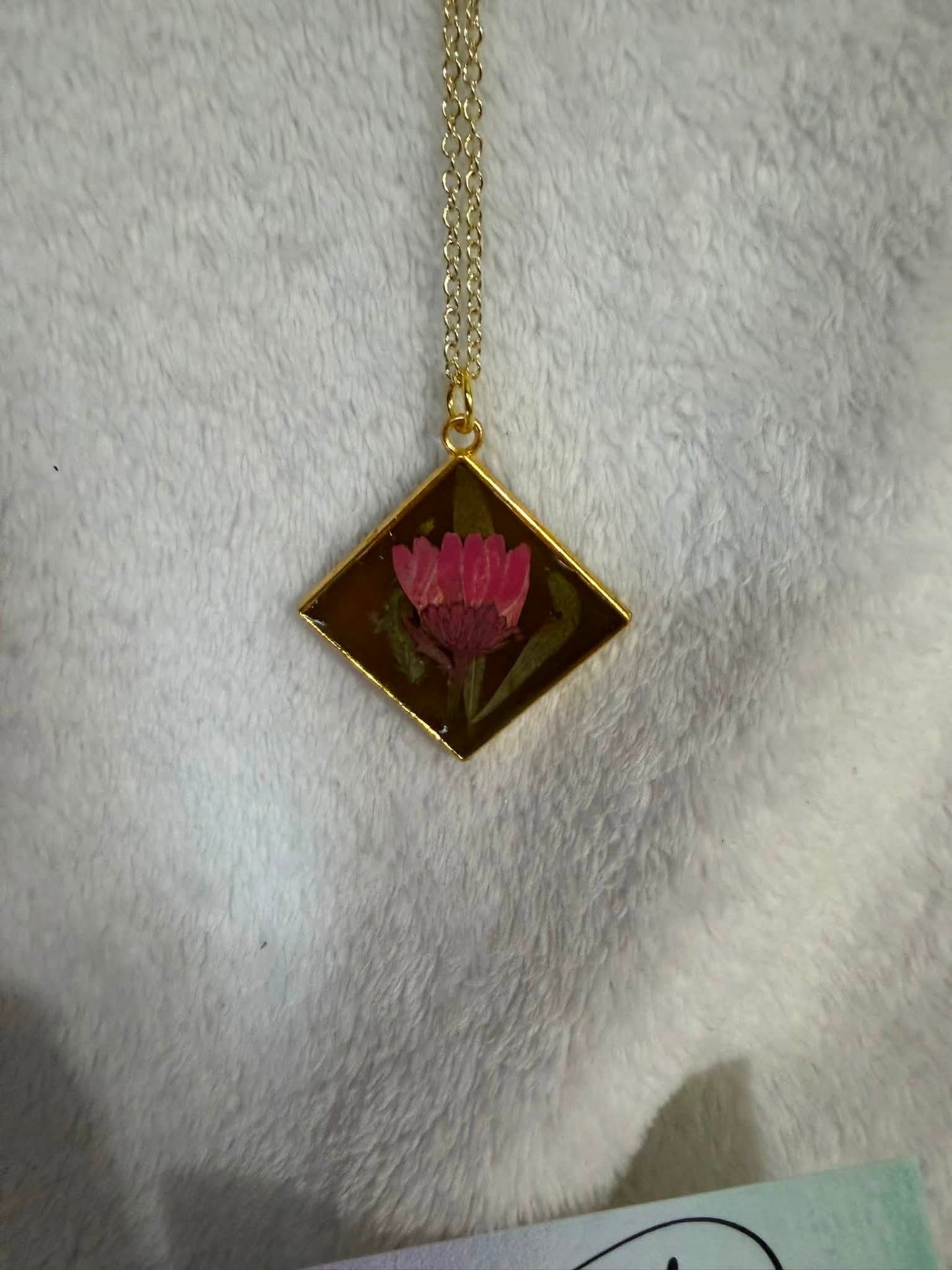 Dried Pink Globe Amaranth Diamond Resin Necklace
