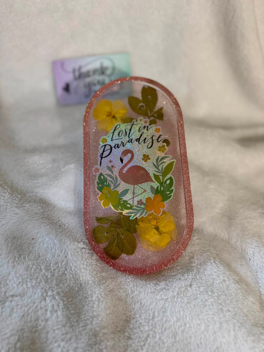 Small Oval Flamingo & Pressed Pansy Trinket Tray