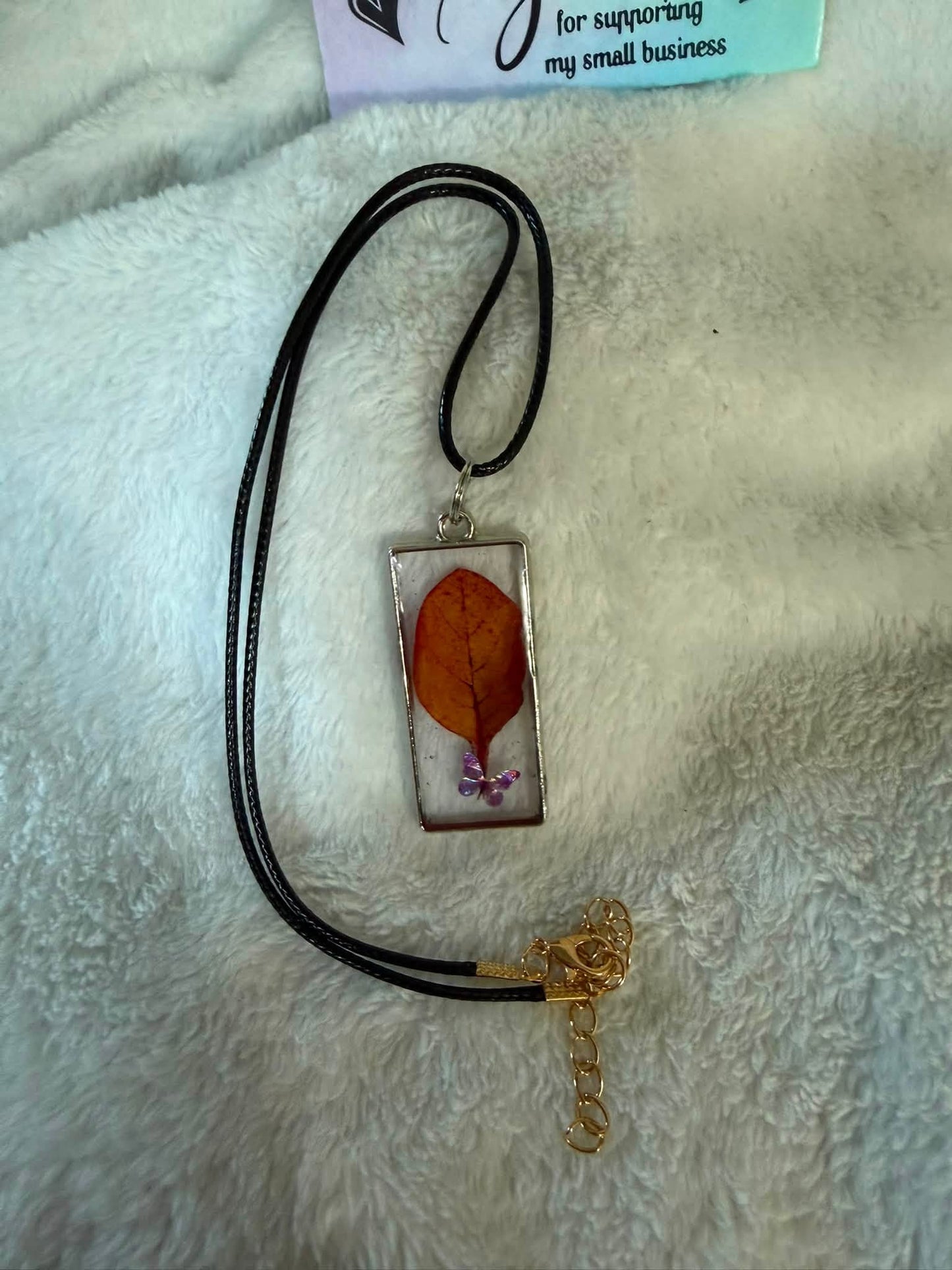Dried Cotinus & Purple Butterfly Rectangular Necklace