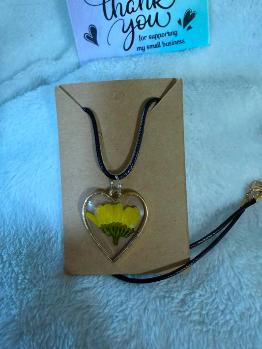 Pressed Yellow Buttercup Heart Pendant Necklace