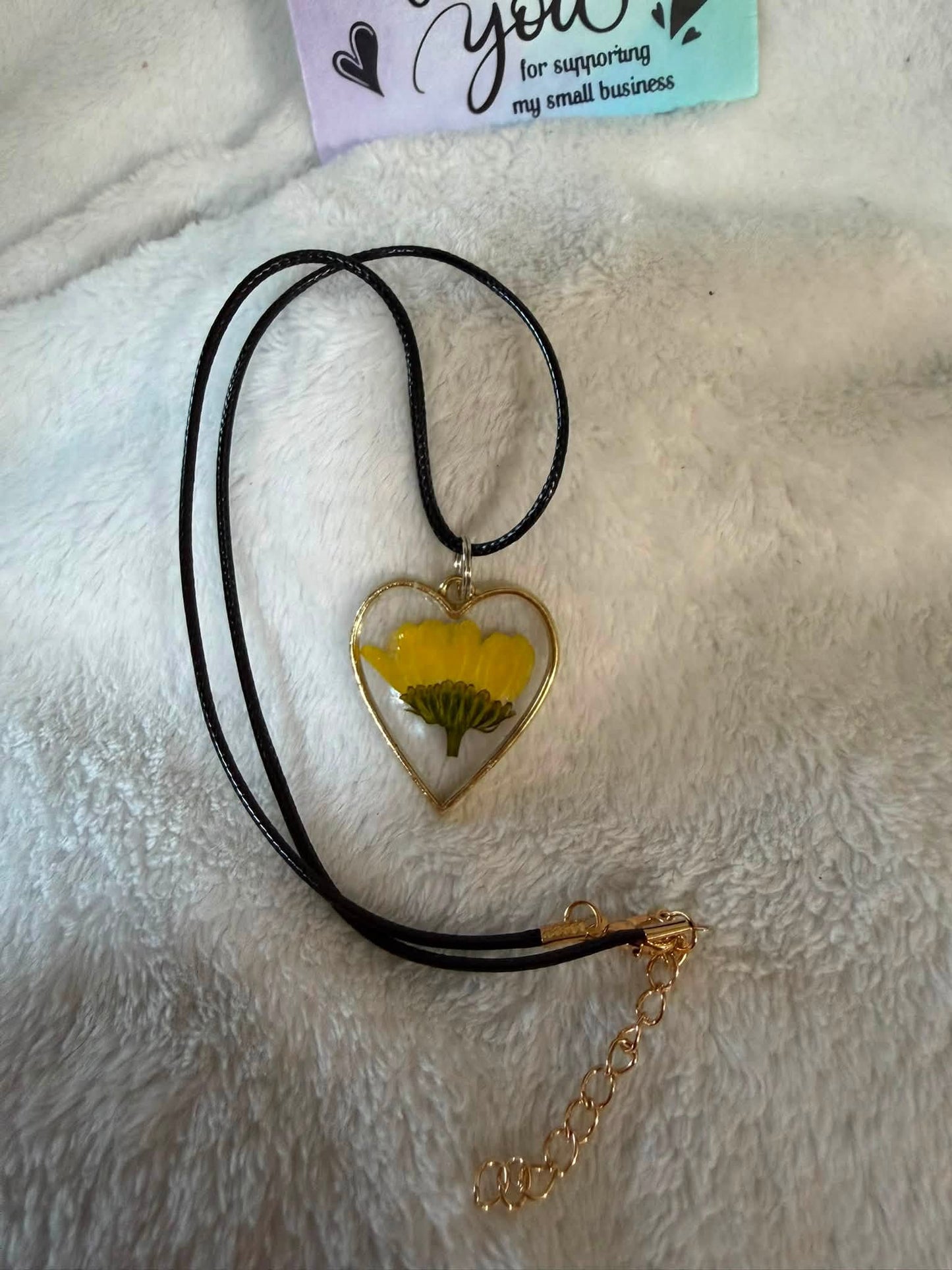 Pressed Yellow Buttercup Heart Pendant Necklace