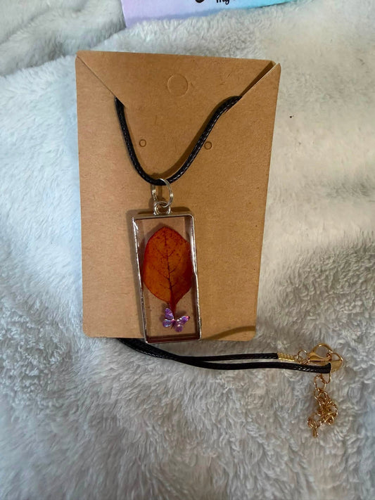 Dried Cotinus & Purple Butterfly Rectangular Necklace