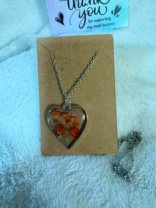 Pressed Orange Gypsophila Silver Heart Necklace