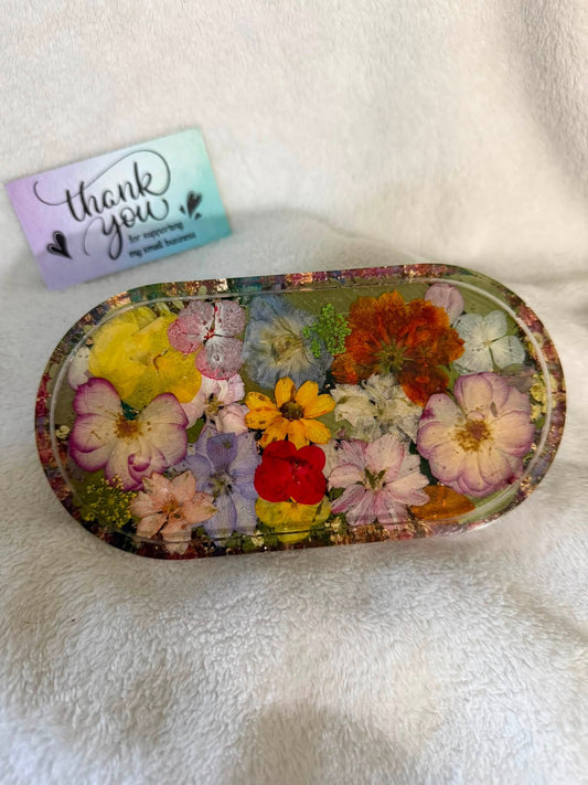 Small Oval Cottage-Core Pressed Floral Trinket Tray